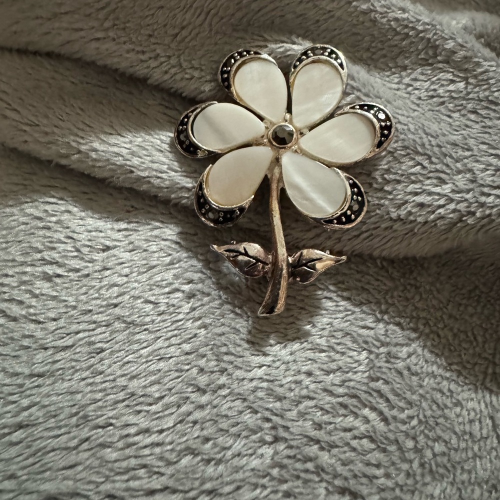 Vintage  Silver Toned Stemmed White Shell Flower Brooch